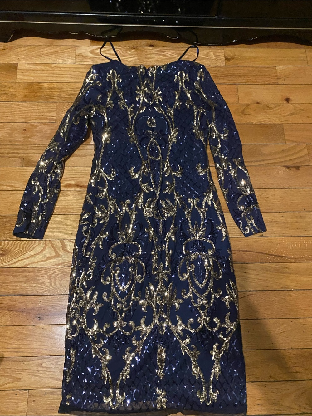Betsy & Adam Navy Blue Long Sleeve Sequin Sheath Dress with Gold Overlay